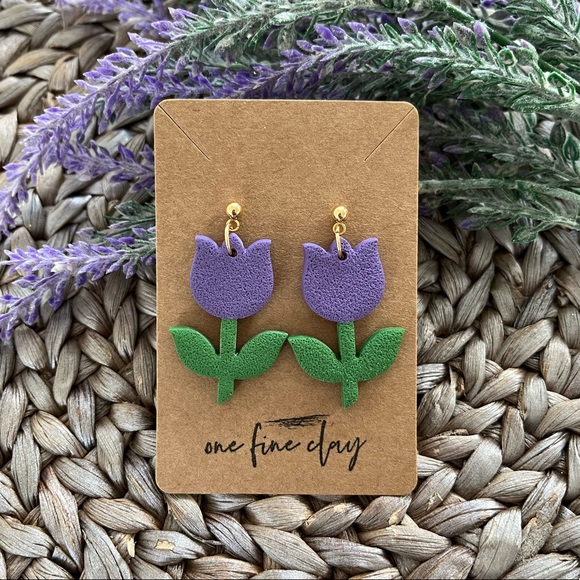 Tulip Flower Clay Dangle Earrings in Purple & Green - Picture 2 of 5